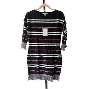Anthropologie Endless Rose Navy Blue Striped Dress With Fringe